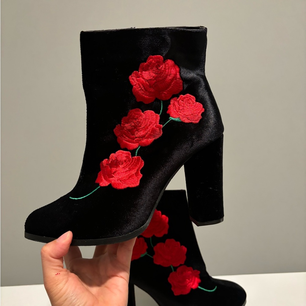 Velvet Embroidered Ankle Booties. New Without Box!